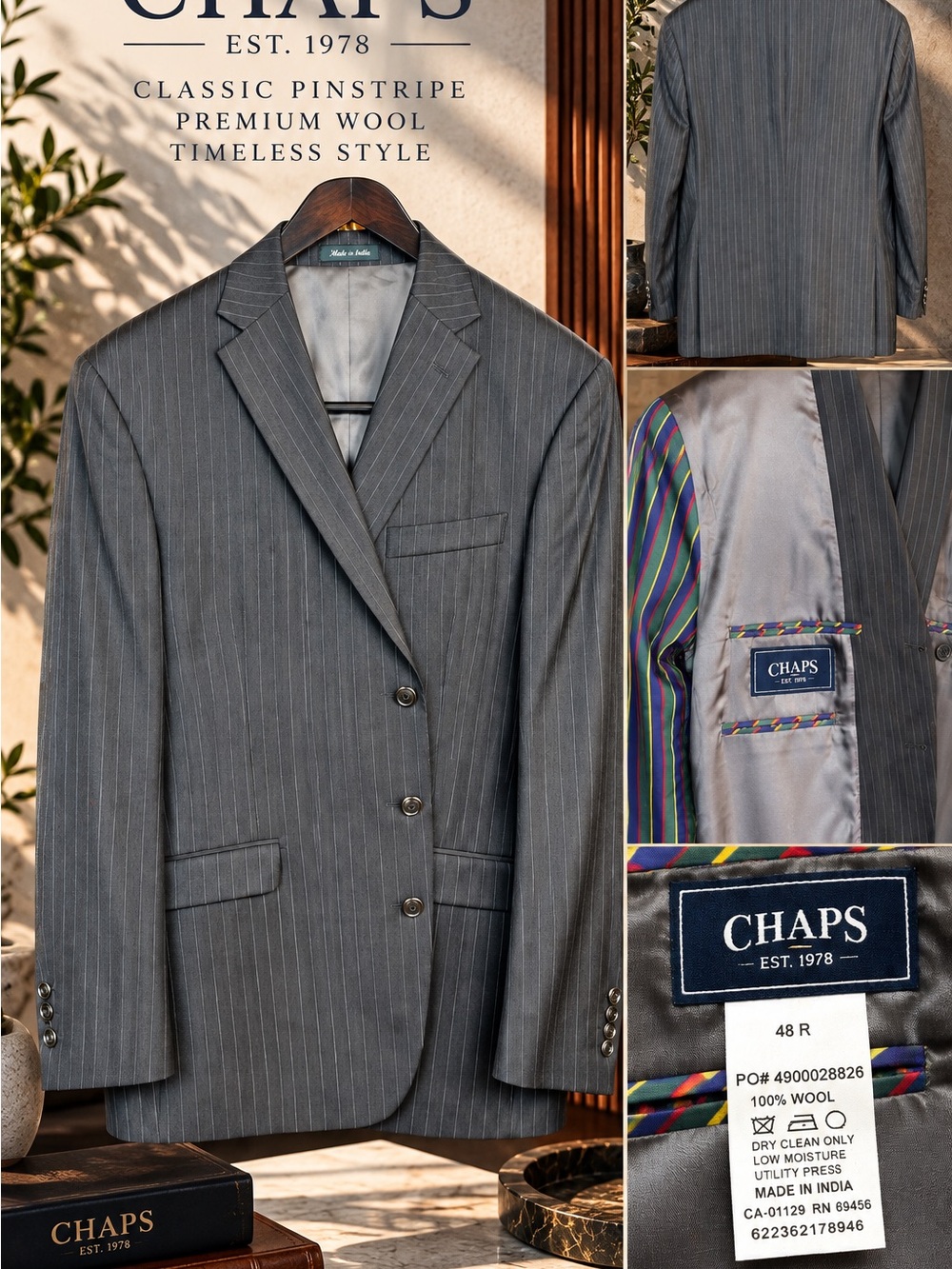 Chaps 48R 100% Wool Pinstripe Suit Jacket Blazer Black Charcoal